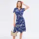 Navy Blue Large Floral, Waist Belted Short Sleeve Shirt Dress